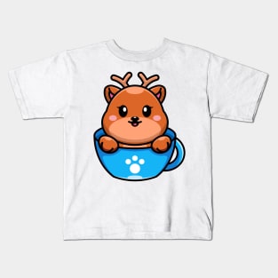 Cute deer on cup coffee cartoon Kids T-Shirt